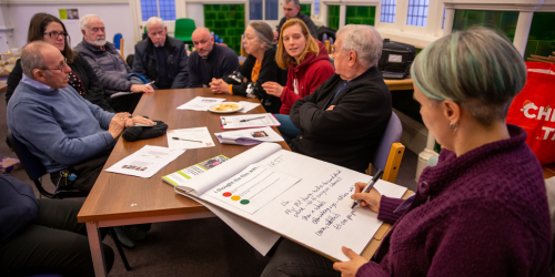 a group of people sit around a table brainstorming